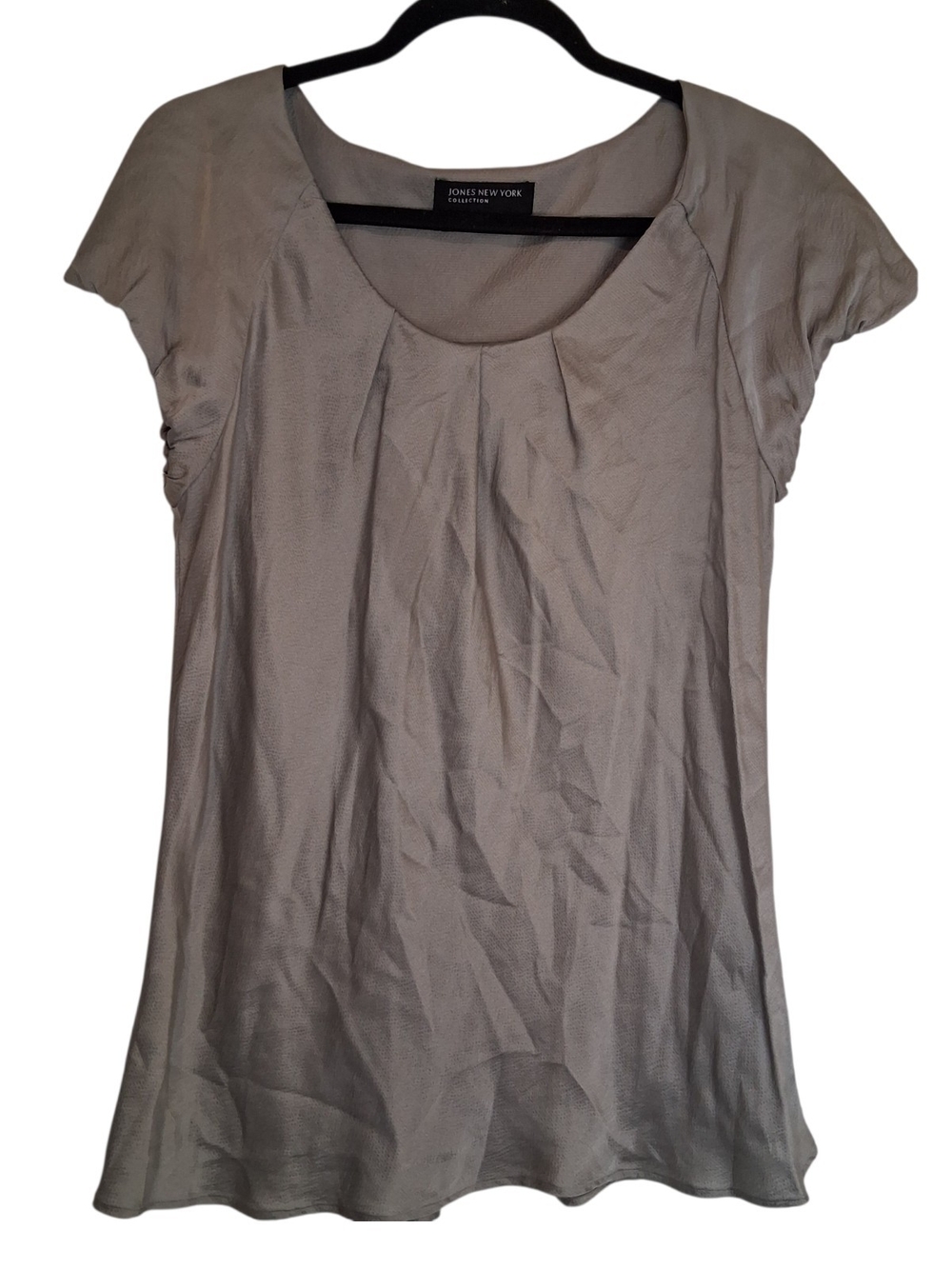 Jones New York Collection Grey 100% Silk Pleated Neckline Blouse Size 12
